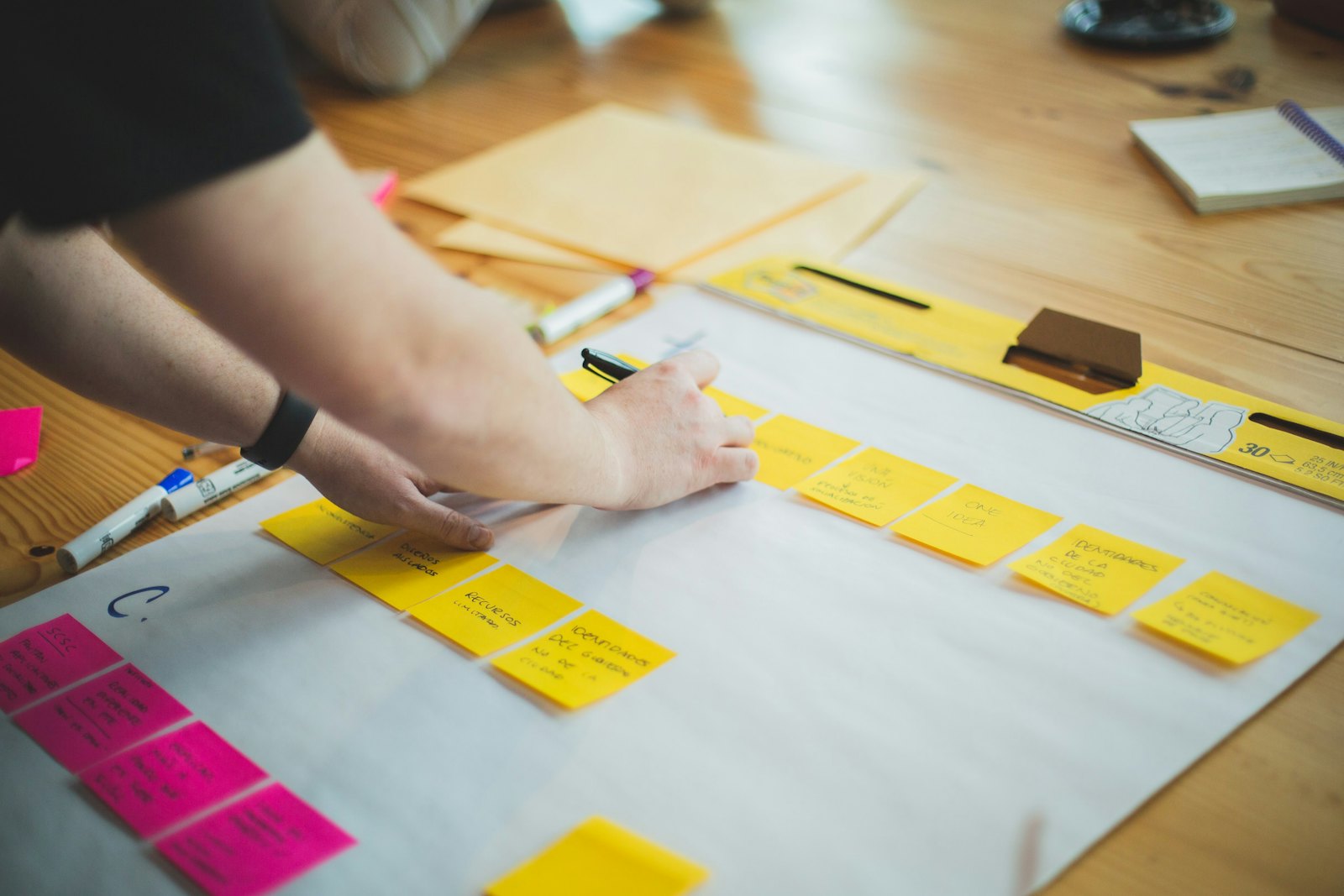 Hands arranging yellow and pink sticky notes on a large sheet of paper